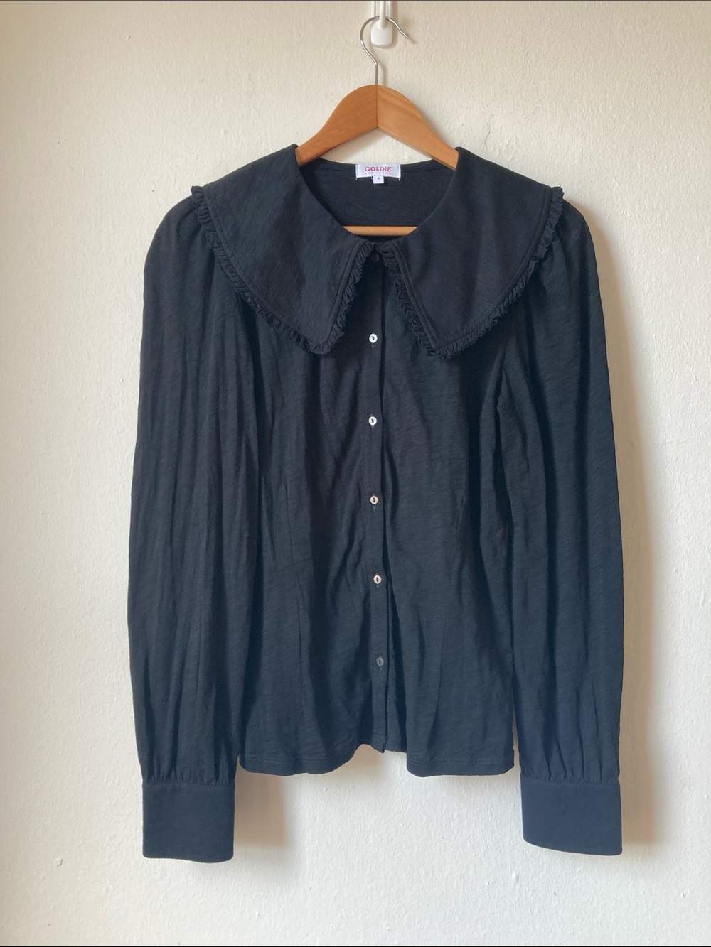 Goldie LeWinter Black Button-Up Blouse Pima Cotton Ruffle Collar Small